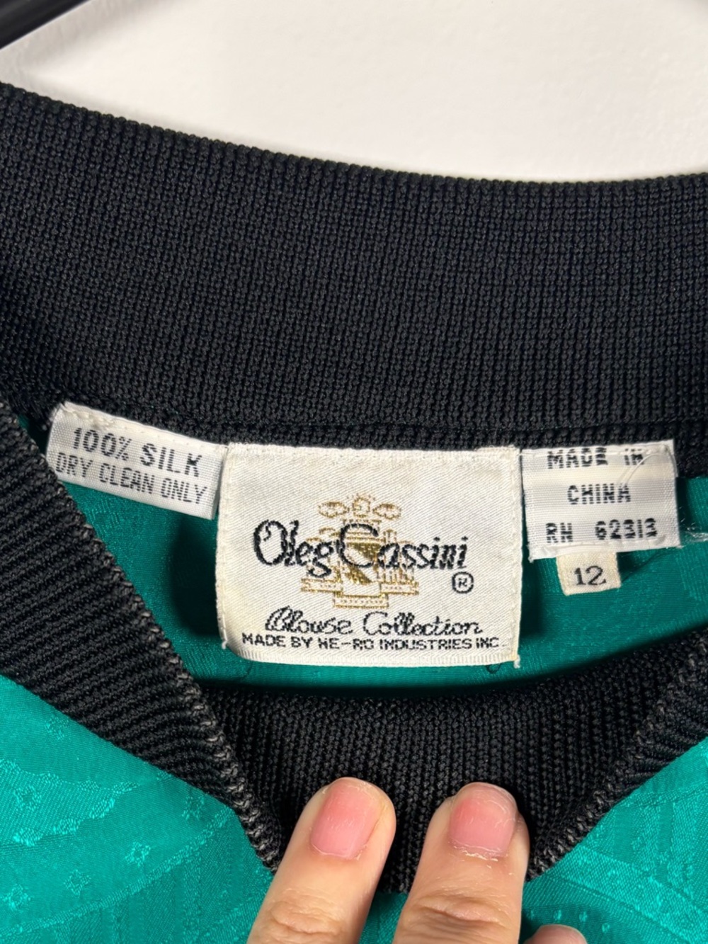 Oleg Cassini Teal Green Blouse with Black Trim - Picture 3 of 3